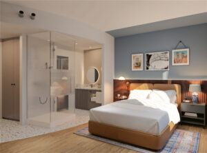 Hotelzimmer Four Points Munich, Rendering. Hotelzimmer mit Bett und offenem Bad